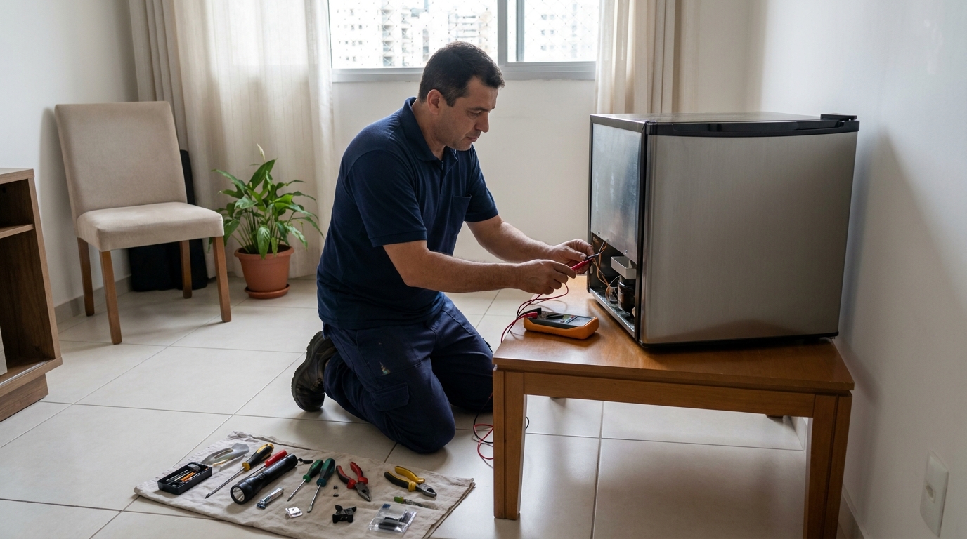 Técnico realizando manutenção de motor de frigobar em Piracicaba‑SP